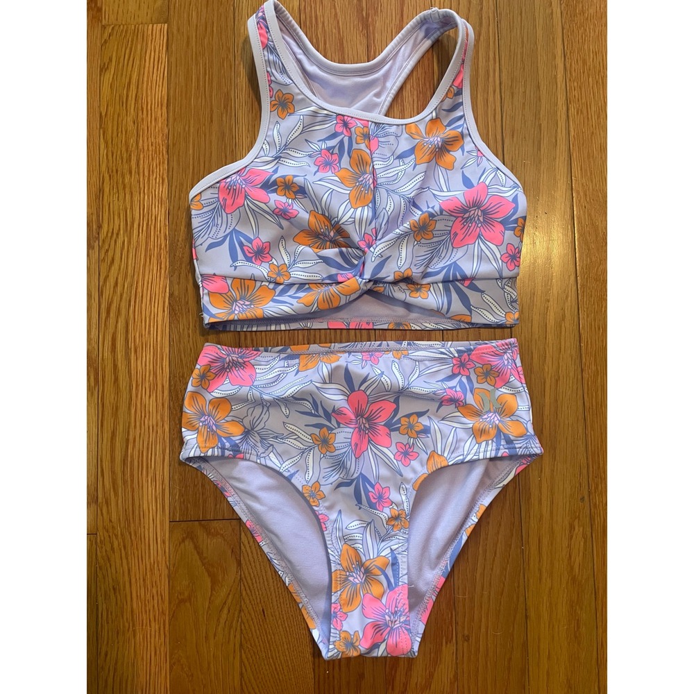 Hurley Girls Purple Floral Twist Front High Waist Bikini Set UPF 50+ Size‎ M 7/8